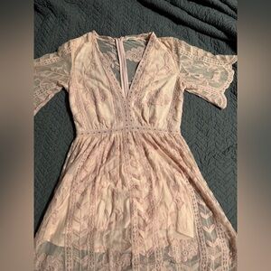 Lace V-Neck Flutter Sleeve romper Dress in Blush Pink